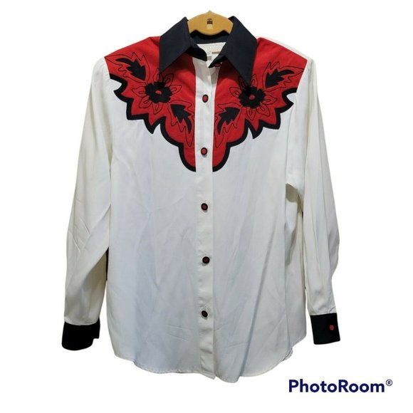 Vintage Cache Women's Size XS Red Black Velvet Western Ranch Button Front Shirt - Picture 2 of 11